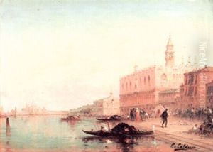 A View Of The Venitian Lagoon With Elegant Figure Outside The Doge's Palace And Gondolas Moored In The Foreground by Charles Clement Calderon