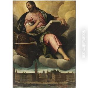 San Marco E Il Leone, Con Una Veduta Della Piazzetta E La Torre Dell'orologio by Carlo Caliari