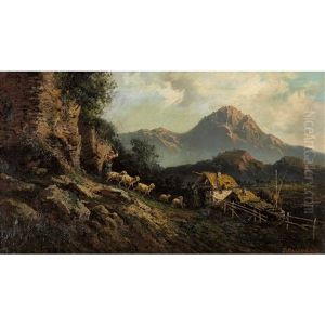 Berglandschaft Mit Hirtin Und Schafherde