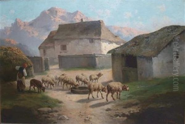 Sheep Grazing Before A Barn And Mountain Landscape - view 1