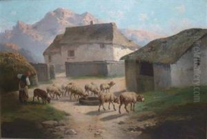 Sheep Grazing Before A Barn And Mountain Landscape