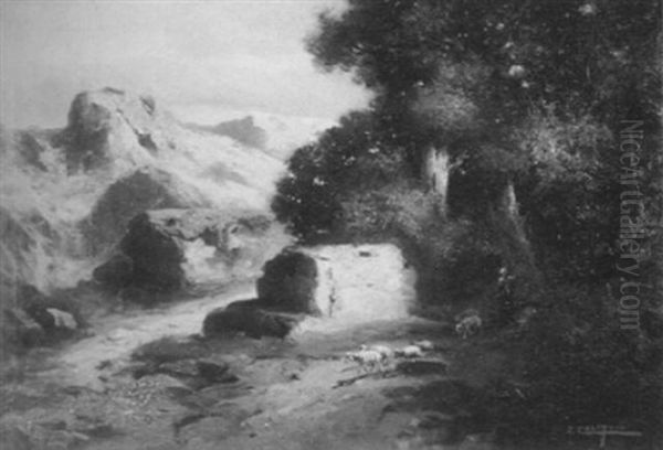 Shepherdess And Flock In Mountain Pastures - view 1