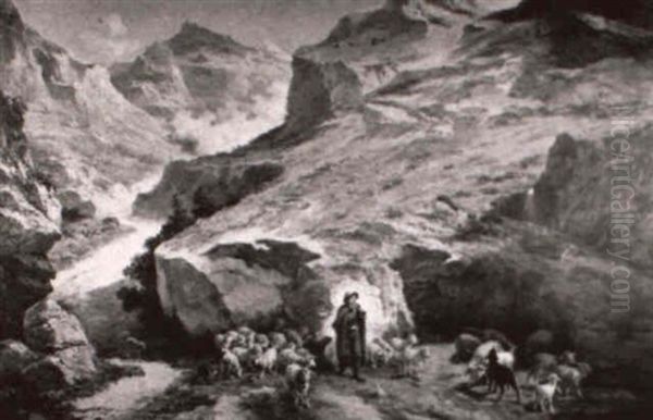 Shepherd Playing A Horn With His Dogs And Sheep - view 1