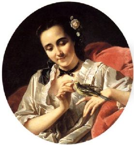 An Elegant Lady Feeding A Parakeet by Moritz Calisch