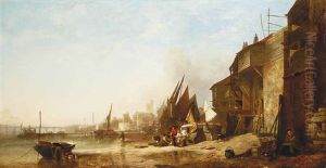 Riverfolk On The Banks Of The Thames, With St. Mary's Lambeth And Westminster Bridge Beyond by Augustus Wall (Sir.) Callcott