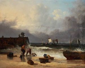 Costal View Of A Pier, Fischermen At The Beach And Boats On The Sea by Augustus Wall (Sir.) Callcott
