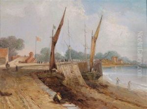 Sailing Vessels Moored At A Jetty by Augustus Wall (Sir.) Callcott