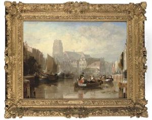 View Of The Grote Kerk, Rotterdam, With Figures And Boats In The Foreground by Augustus Wall (Sir.) Callcott