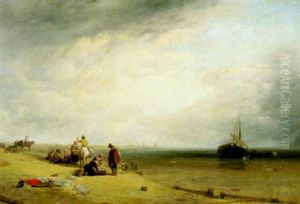 Figures And Stranded Vessels On A Beach At Low Tide