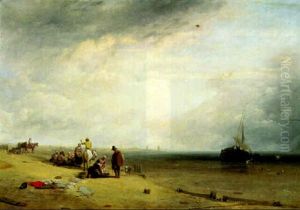 Figures And Standed Vessels On A Beach At Low Tide