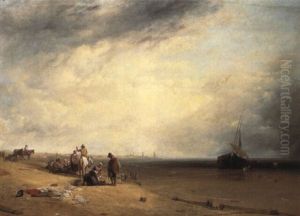 Figures And Stranded Vessels At Low Tide by Augustus Wall (Sir.) Callcott