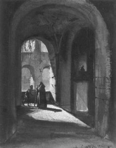 The Arcade Of A Monastery Cloister With A Monk And A Mendicant