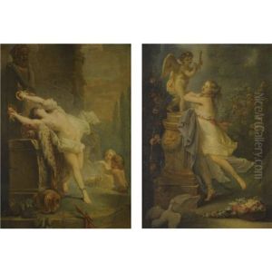 A Young Lady Before A Statue Of Cupid (+ A Bacchante Playing The Cymbols Before A Statue Of Pan; Pair) by Alphonse-Apollodore Callet