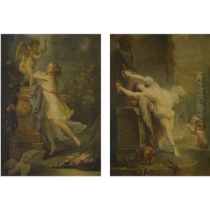 A Young Lady Before A Statue Of Cupid (+ A Bacchante Playing The Cymbals Before A Statue Of Pan; Pair) by Alphonse-Apollodore Callet