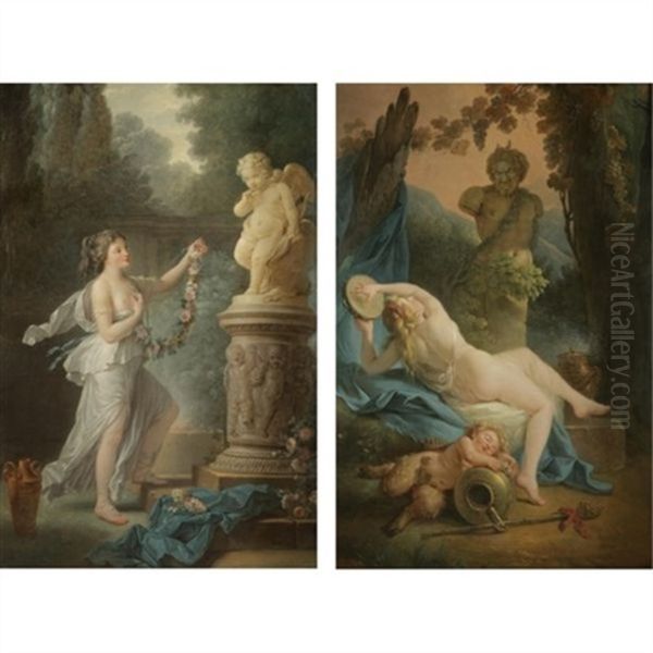 A Bacchante Playing The Tambourine Before A Statue Of Pan, A Drunk Young Satyr Asleep In The Foreground (+ A Young Lady Offering A Garland Of Flowers To A Statue Of Cupid; Pair) - view 1