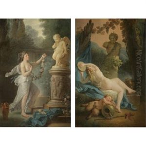 A Bacchante Playing The Tambourine Before A Statue Of Pan, A Drunk Young Satyr Asleep In The Foreground (+ A Young Lady Offering A Garland Of Flowers To A Statue Of Cupid; Pair) by Alphonse-Apollodore Callet
