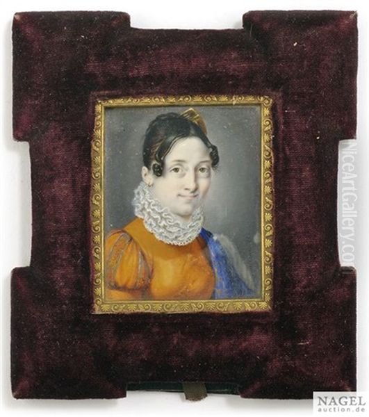 Portrait Einer Jungen Dame In Orangefarbenem Kleid Mit Blau Gemustertem Schal Und Spitzenkragen - view 1