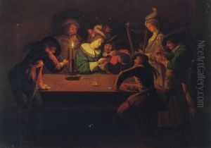 Merry Company Playing Cards Around A Table, By Candlelight by Jacques Callot