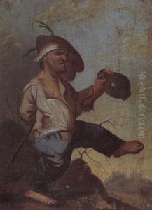 A Dwarf Holding A Jug In A Landscape