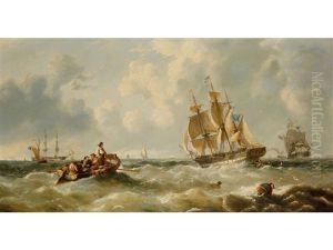 Shipping In Choppy Seas With Rowing Boat In Foreground by John Callow