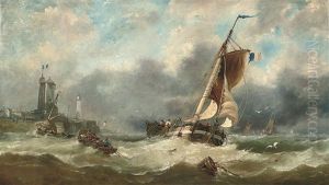 High Tide Off Boulogne: A French Barge Caught In A Swell Off The Harbour Mouth by John Callow