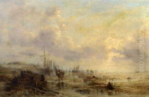 Fisher Folk With Sailing Ships On The South Coast by John Callow
