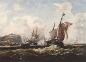 A Paddle Tug Towing A Brig Into The Harbour At Scarborough by John Callow