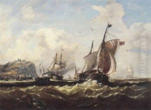 A Paddle Tug Towing A Brig Into The Harbour At Scarborough Amidst Other Shipping by John Callow