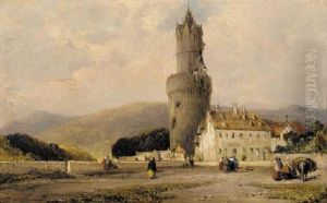 Figures In A Continental Square With A Tower Beyond by William Callow