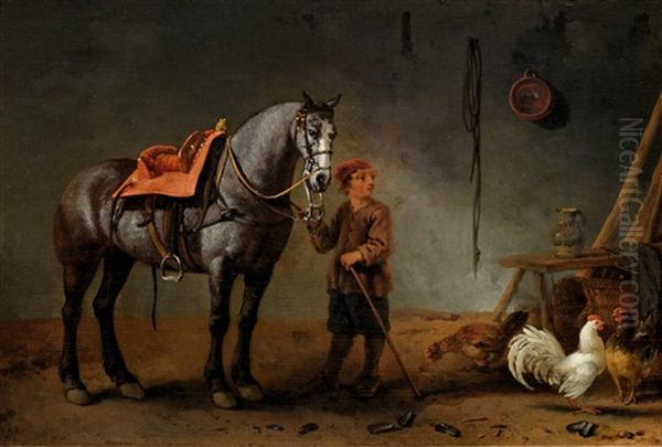 Horse And Stable Lad With Hens In A Stable - view 1