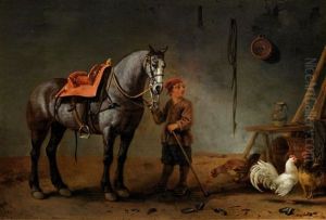 Horse And Stable Lad With Hens In A Stable by Abraham Van Calraet