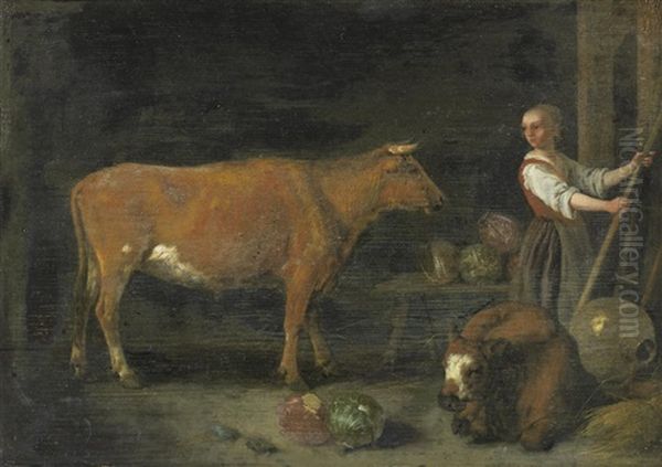 A Barn Interior With A Milkmaid And Cattle - view 1