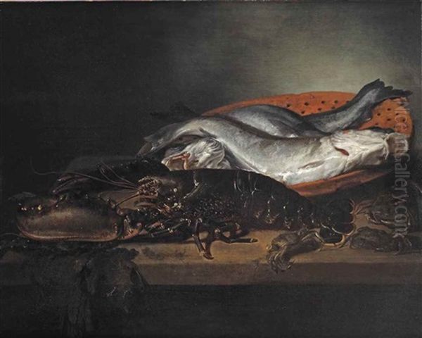 A Black Lobster, Black Crabs, Three Haddock In A Red Colander, All On A Wooden Ledge - view 1
