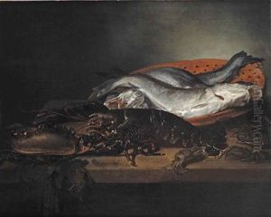 A Black Lobster, Black Crabs, Three Haddock In A Red Colander, All On A Wooden Ledge by Abraham Van Calraet