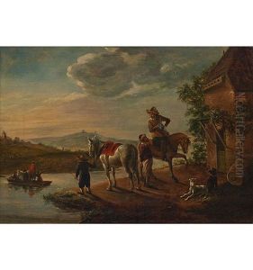Hugelige Flusslandschaft Mit Boot - Im Vordergrund Manner Mit Pferden Und Hunden Vor Einer Taverne