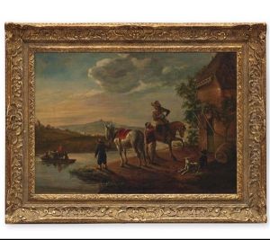 Hugelige Flusslandschaft Mit Boot - Im Vordergrund Manner Mit Pferden Und Hunden Vor Einer Taverne