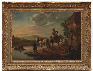 Hugelige Flusslandschaft Mit Boot - Im Vordergrund Manner Mit Pferden Und Hunden Vor Einer Taverne