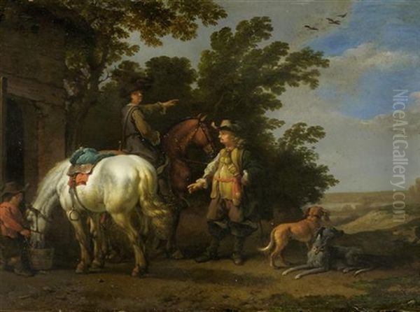 Zwei Reiter Und Hunde Bei Der Rast - view 1