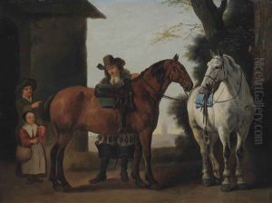 A Man Saddling Horses Watched By Two Children