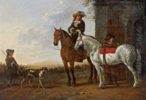 Aufbruch Zur Jagd, Zwei Reiter Und Ein Junge Mit Einem Hund Aufbruch Zur Jagd, Zwei Reiter Und Ein Junge Mit Einem Hund