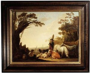 Herde Mit Schafen, Rindern Und Pferden Und Zwei Hirten, Der Eine Flote Spielend by Abraham Van Calraet