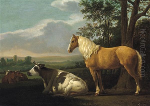 Drei Kuhe Und Ein Pferd In Einer Hollandischen Weidelandschaft - view 1