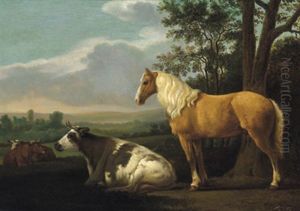Drei Kuhe Und Ein Pferd In Einer Hollandischen Weidelandschaft by Abraham Van Calraet