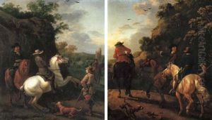 Huntsmen On Horseback With A Tower Beyond (+ Huntsmen On Horseback In A Landscape; Pair) by Abraham Van Calraet