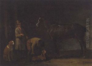Two Men Saddling A Horse by Abraham Van Calraet