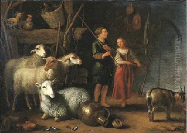 A Shepherd And A Shepherdess Conversing In A Stable Interior With Sheep, A Goat And Chickens Nearby - view 1