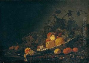 Still Life Of Quinces, Plums, Peaches And Grapes In A Silver Salver, Together With A Peach And A Peeled Lemon On A Silver Plate by Abraham Van Calraet