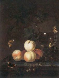 Still Life Of Peaches, Grapes, Vine Leaves And A Roemer, Arranged Upon A Stone Table Top, Together With Red Butterflies