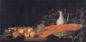 A Lobster In A Porcelain Bowl, A Porcelain Jug, A Roemer, Grapes, Peaches, Shells And A Watch On A Table by Abraham Van Calraet