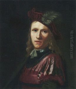 Portrait Of A Man Wearing A Purple Slashed-sleeve Tunic And Plumed Hat, With A Green Mantle by Abraham Van Calraet